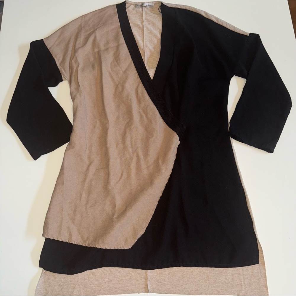 Zara WB Collection Black Beige Mix Media High Low Hem 3/4 Sleeve Top Tunic Small